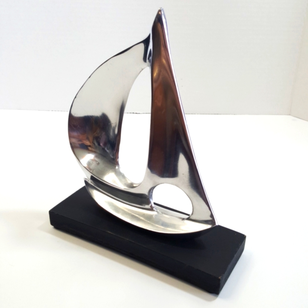 Sail Boat Spinnaker Silver Metal Aluminum Sculpture on Wood Stand - 8 in. tall